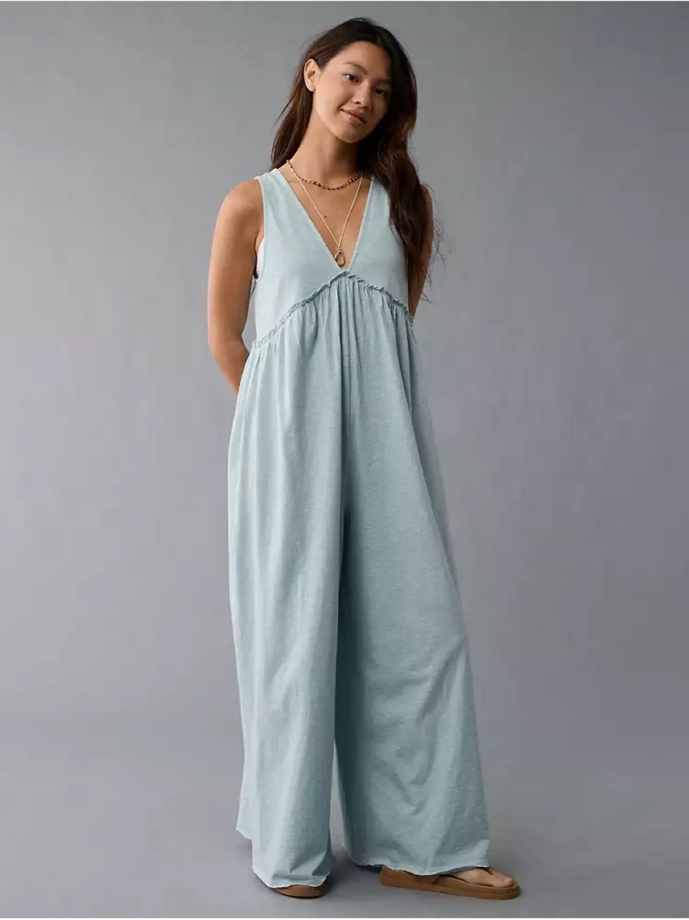 American Eagle Outfitters Sunchaser Light Sage V-Neck Jumpsuit
